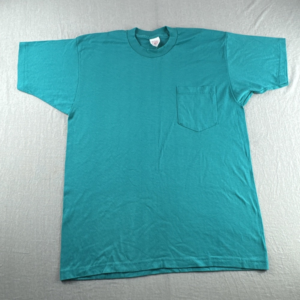 Vintage Pocket T-Shirt Large Green Made in USA Blank Single Stitch Short Sleeve